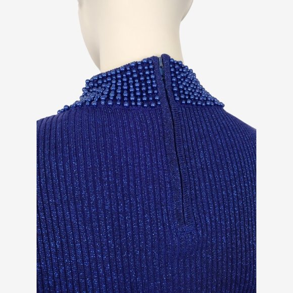 Vintage 1980s Blue Metallic Silk Beaded Stretch Knit Mock Neck Sweater - Picture 7 of 12